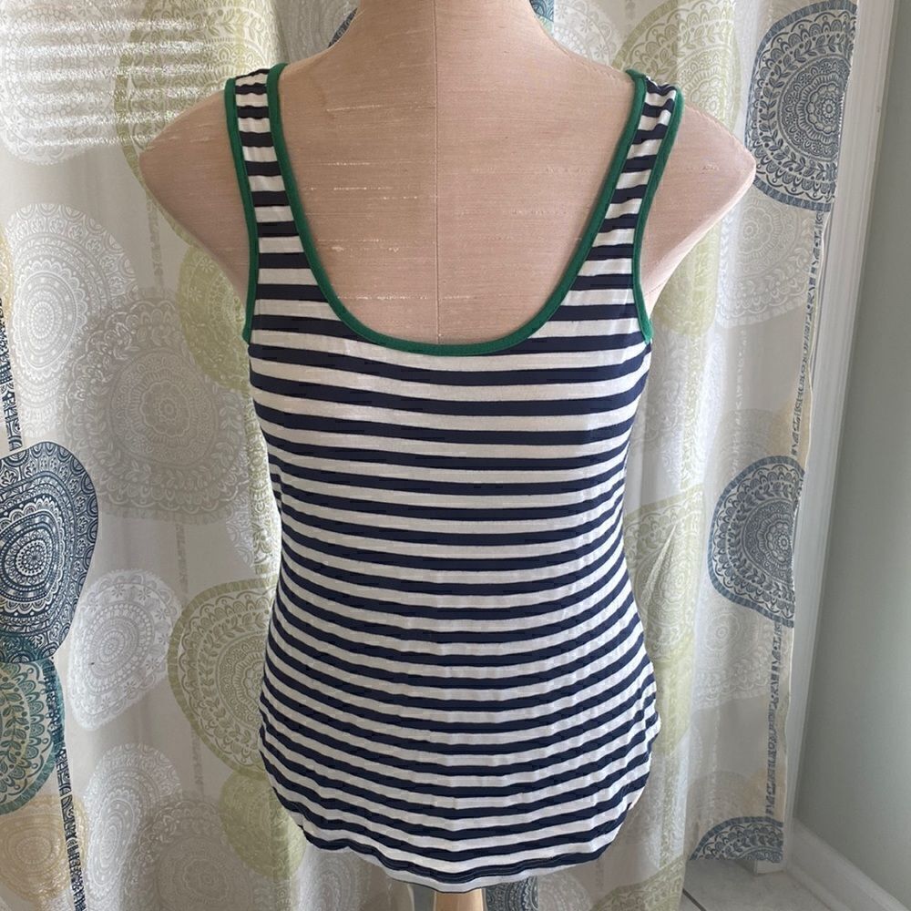 Green Envelope. White & Navy striped tank with green trim. Stretch material. S.